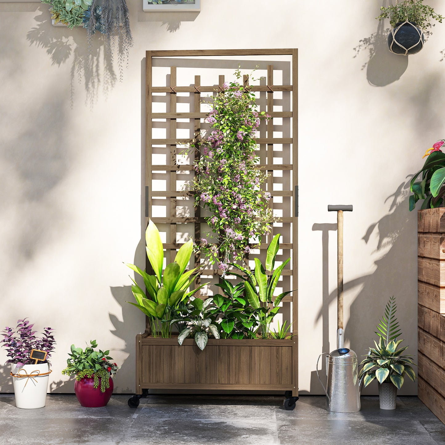 Outsunny Wooden Trellis Planter With Wheels Raised Garden Bed For Vegetables, Herbs And Flowers Brown