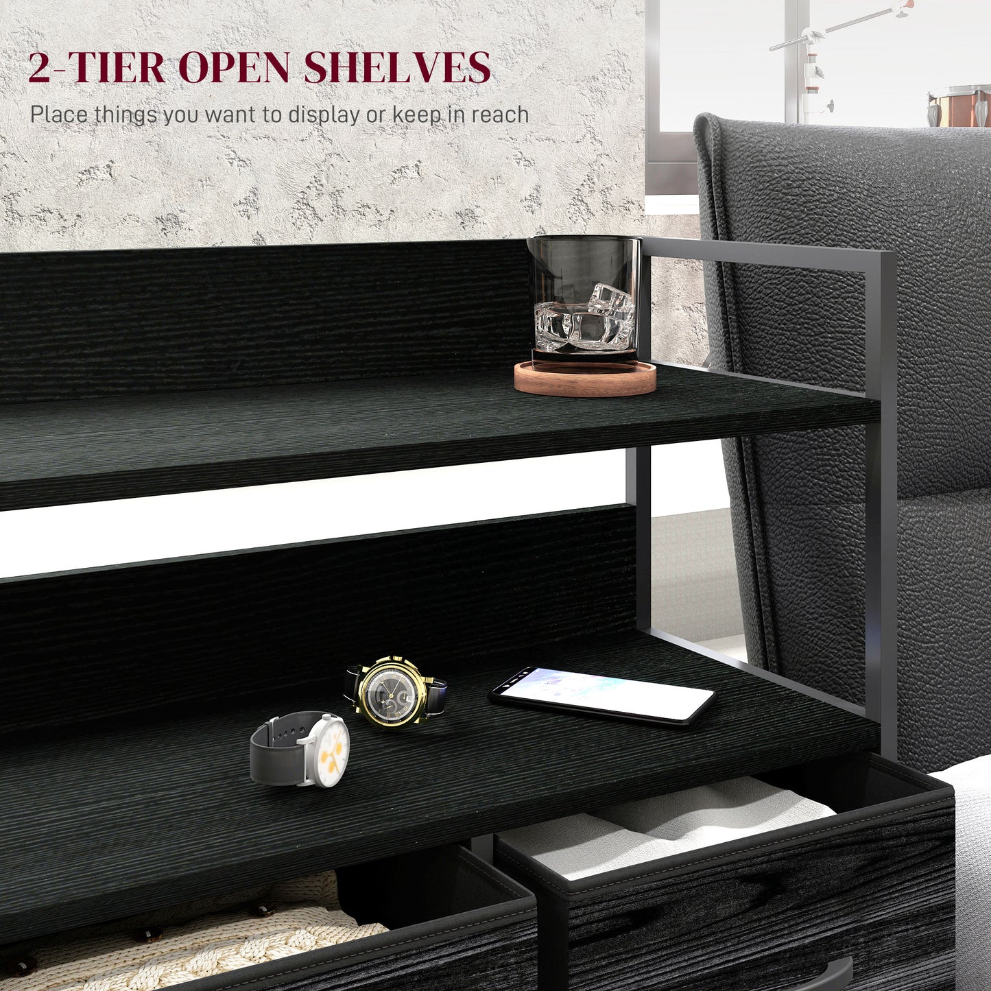 HOMCOM Rustic Chest Of Five Fabric Drawers Black Industrial Storage Solution For Bedroom