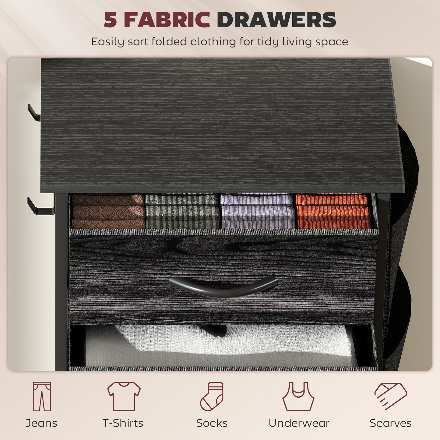 HOMCOM Five Drawers Fabric Chest of Drawers with Steel Frame and X Bar Support Black