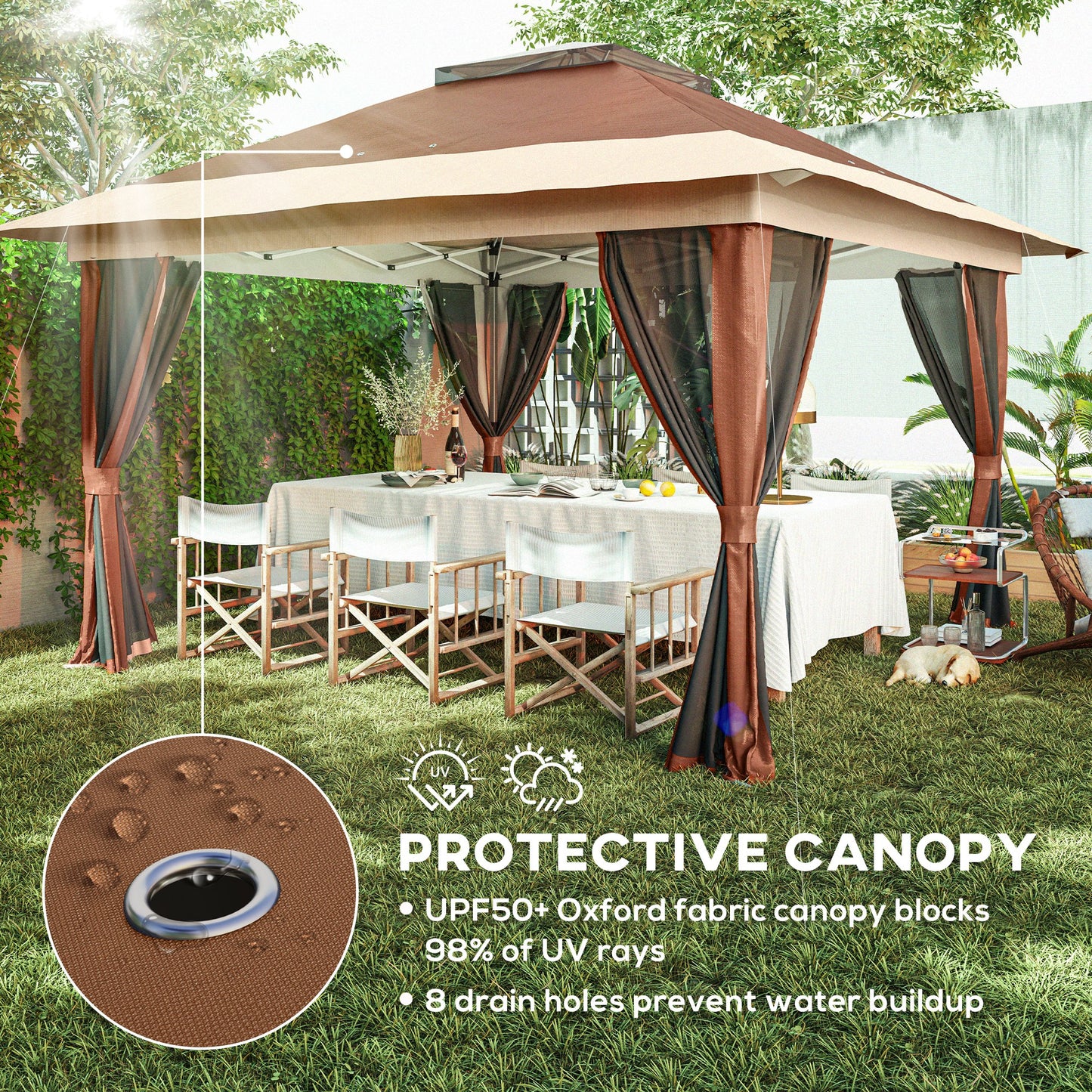 Outsunny 3.6m By 3.6m Pop Up Gazebo With Accessories Brown UPF50 Canopy Mesh Liner Adjustable Height 260 270 280 Cm