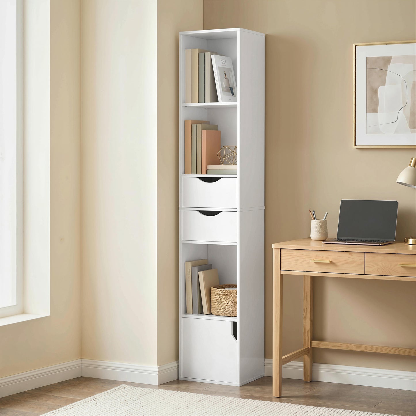 HOMCOM 158 cm White Bookcase With Two Drawers And Cabinet Adjustable Shelves Open Storage