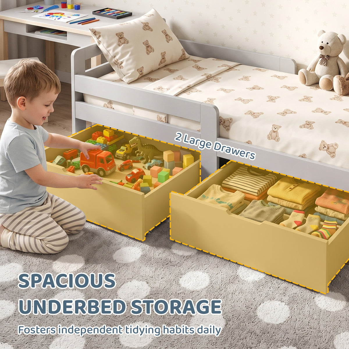 Kids bed frame with two large under-bed storage drawers for toys and bedding