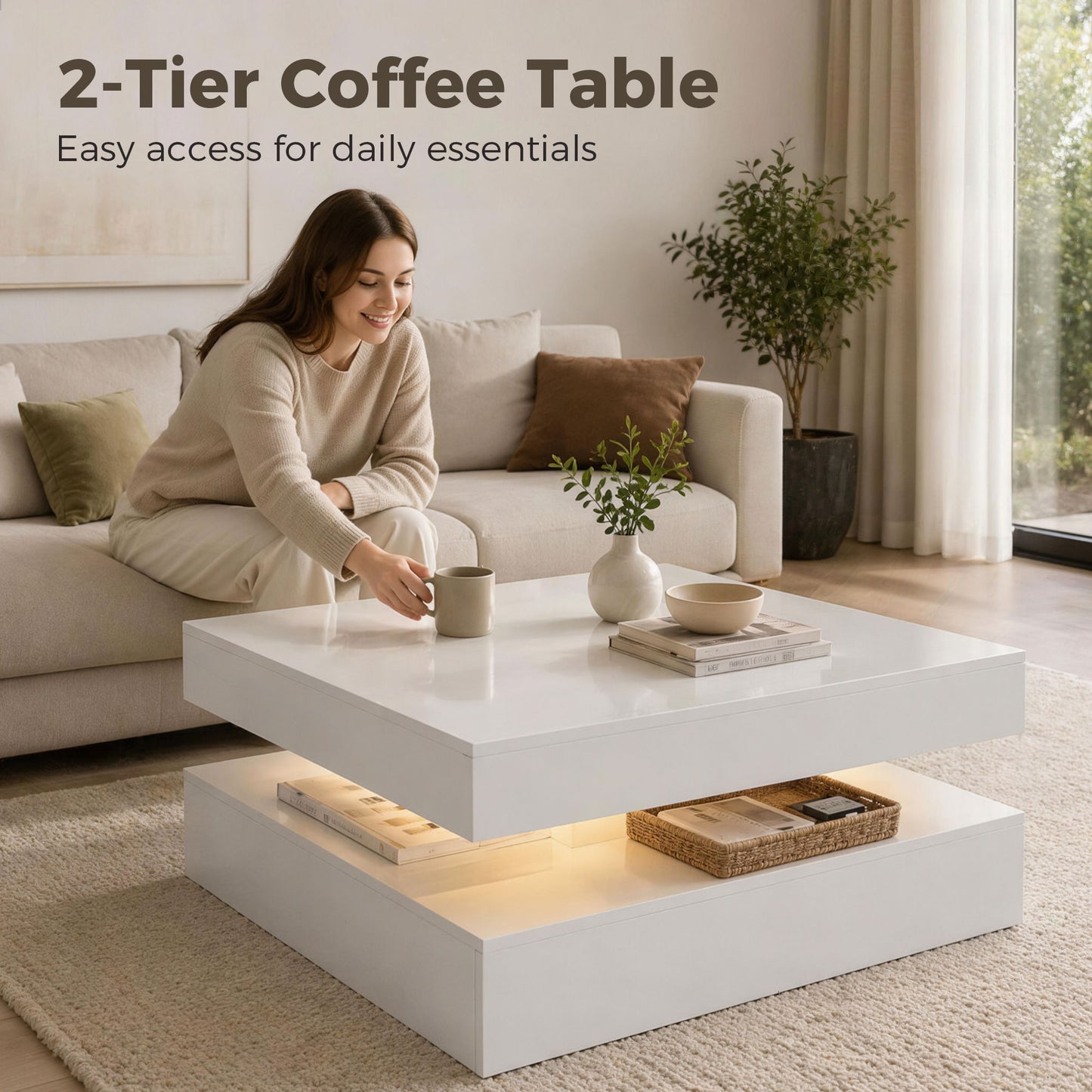HOMCOM LED Coffee Table With Storage And RGB Lighting, 2-Tier Modern Centre Table With Open Shelf, Remote