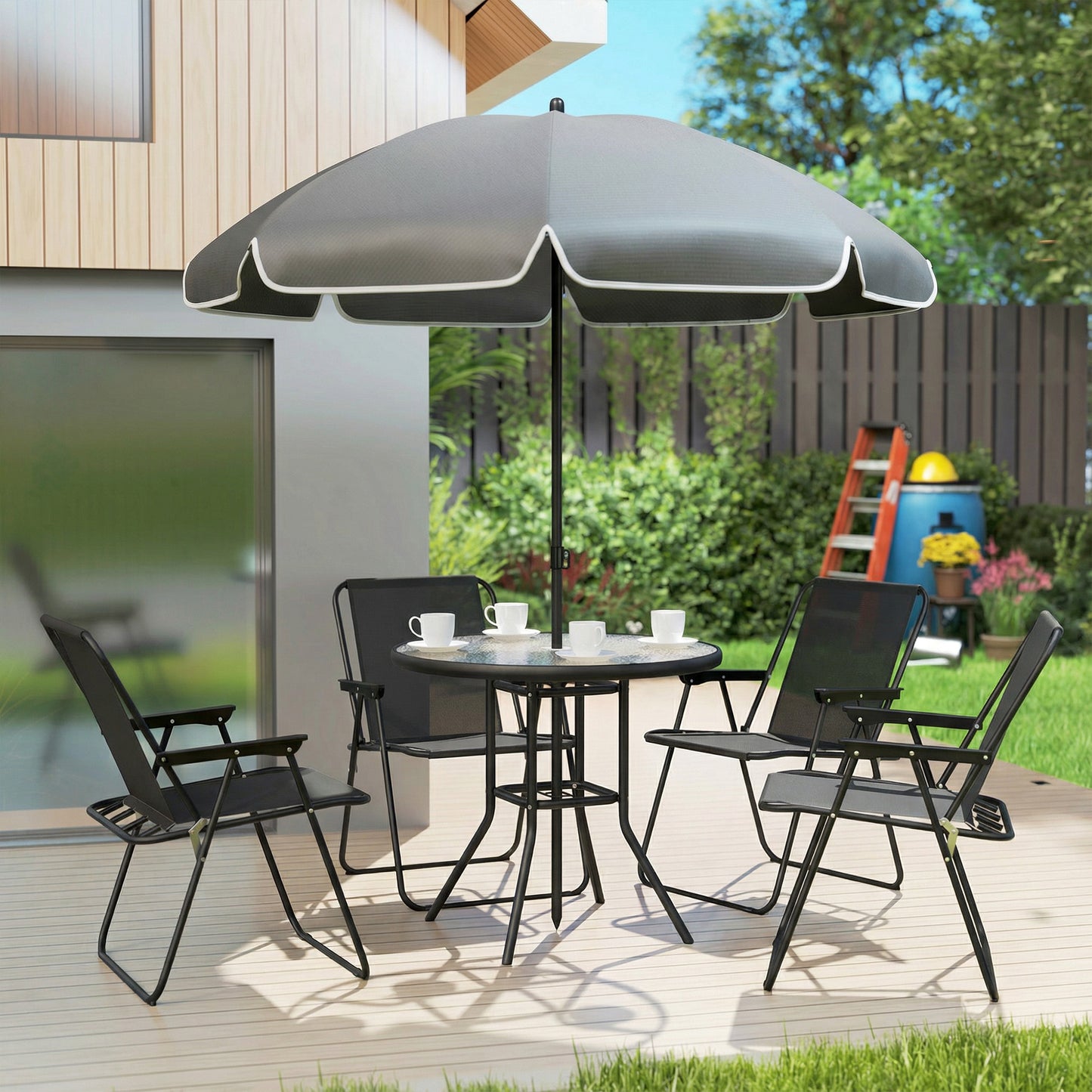 Outsunny 4 Seater Round Table Garden Furniture Set With Folding Chairs Parasol 6 Piece For Patio Black