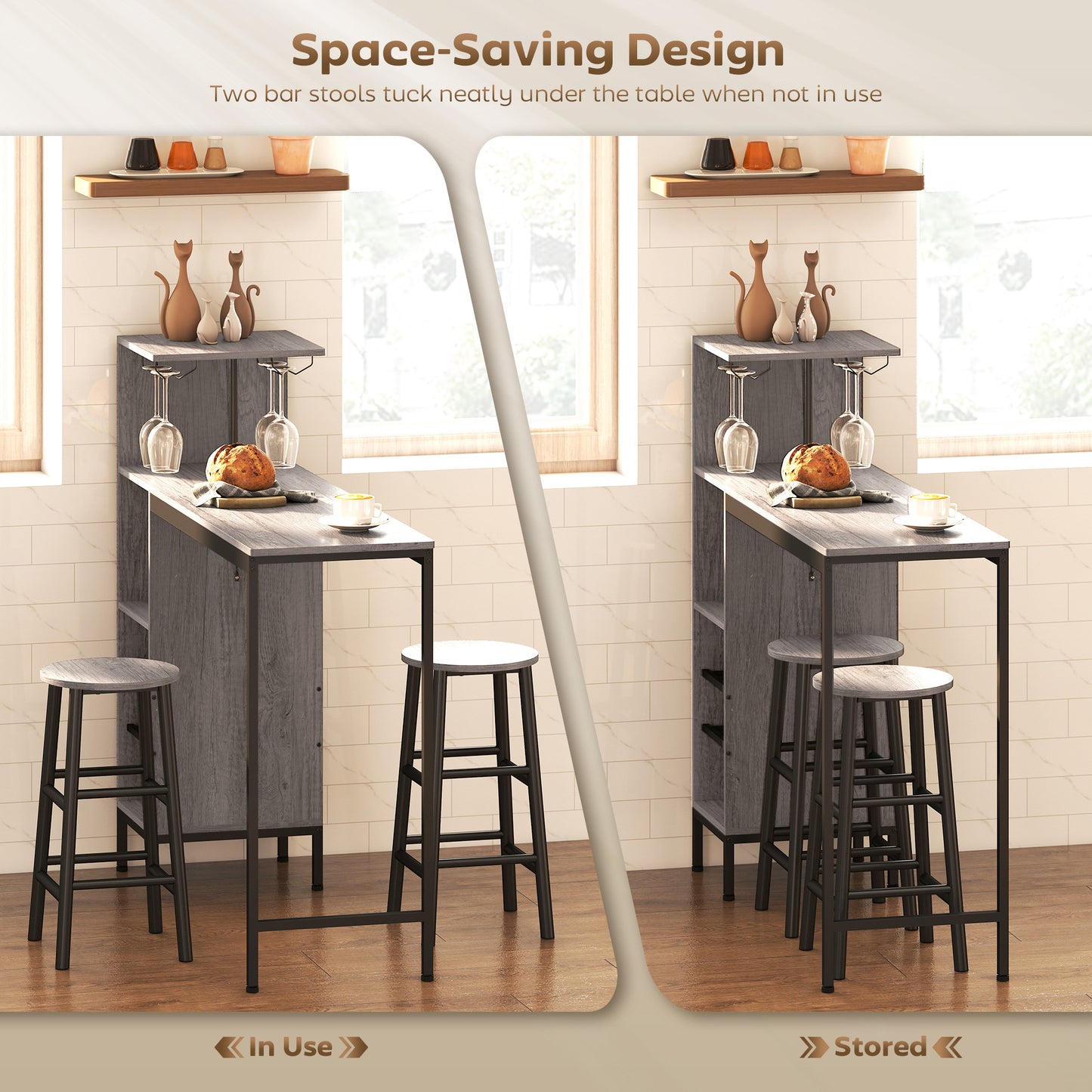 HOMCOM 3 Piece Dining Room Set With Bar Table And Stools Natural Finish Wine Rack And Glass Holders 6 Tier Storage