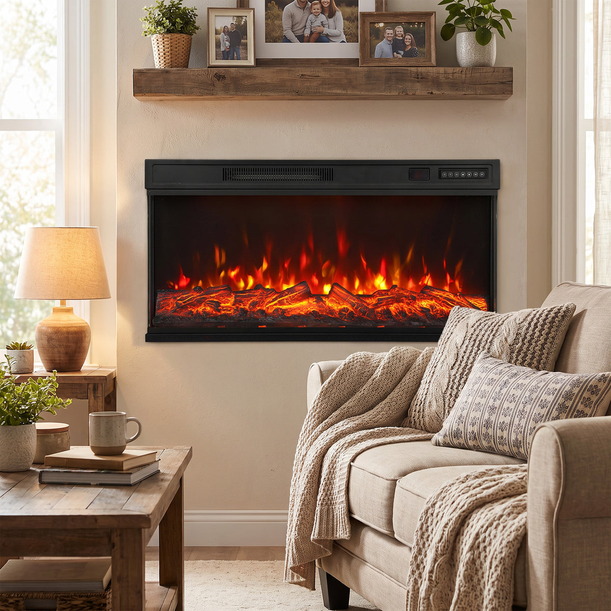 Electric fireplace wall heater with black frame and glowing orange flame bed in living room