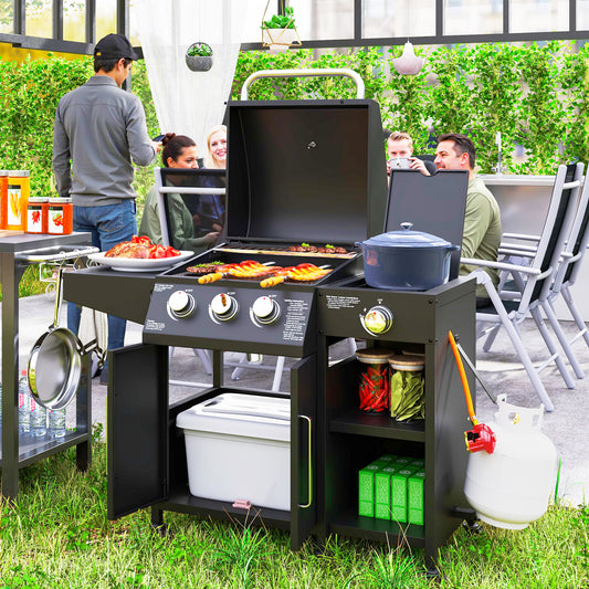 Outsunny 3+1 Burner Gas BBQ Grill With Storage Cabinet And Shelves 9.5 kW Trolley With 6 Castor Wheels