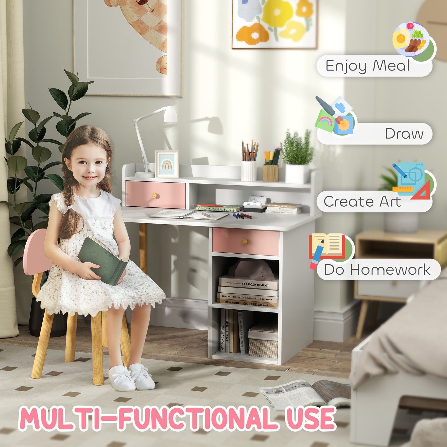 AIYAPLAY Pink 2 Piece Kids Desk With Hutch And Chair Set Storage Drawers Shelves For Ages 3 To 8