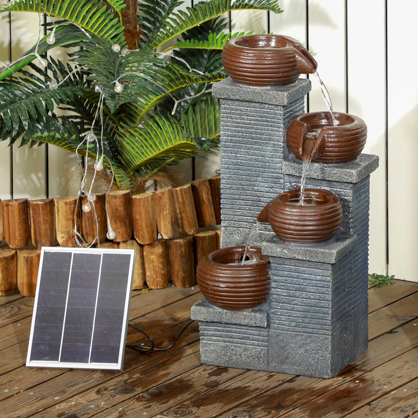 Outsunny Solar-Powered 4-Tier Cascading Water Fountain with LED Lights and Pump for Garden Décor - ALL4U RETAILER LTD