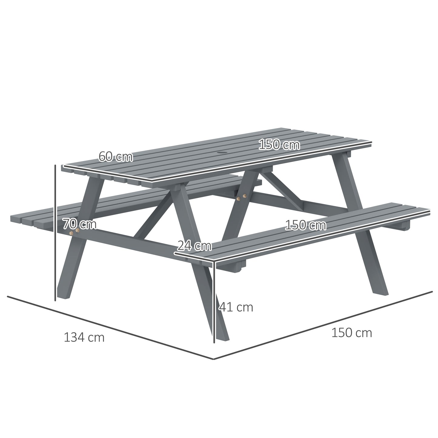 Outsunny 6 Seater Wooden Picnic Table Bench For Outdoor Garden And Patio With Parasol Cutout 150 Cm Grey