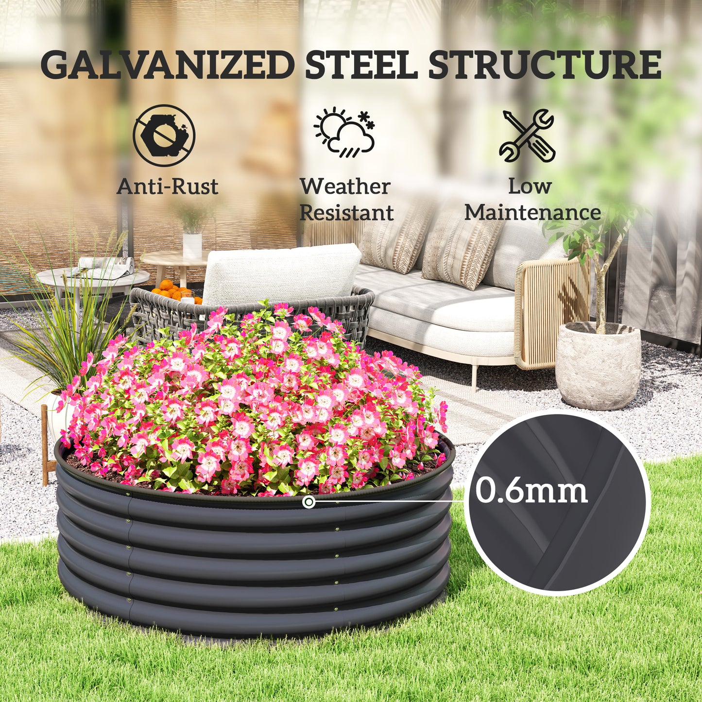 Outsunny Galvanised Raised Garden Bed With Safety Edging And Gloves Outdoor Planter Box 120 x 120 x 43cm Dark Grey