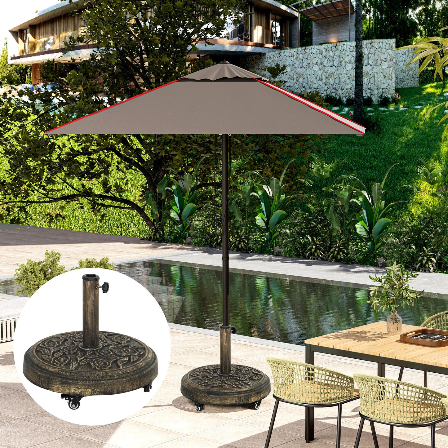 Outsunny Parasol Base With Wheels Cast Iron Effect Umbrella Stand Weather Resistant Bronze Tone