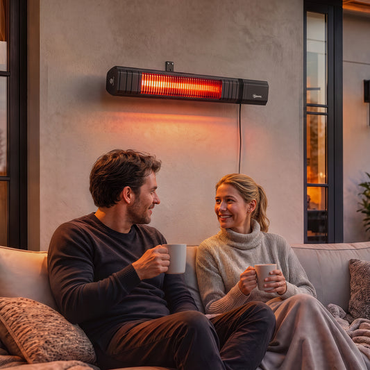 Wall-mounted infrared patio heater with glowing orange heating tube, black housing