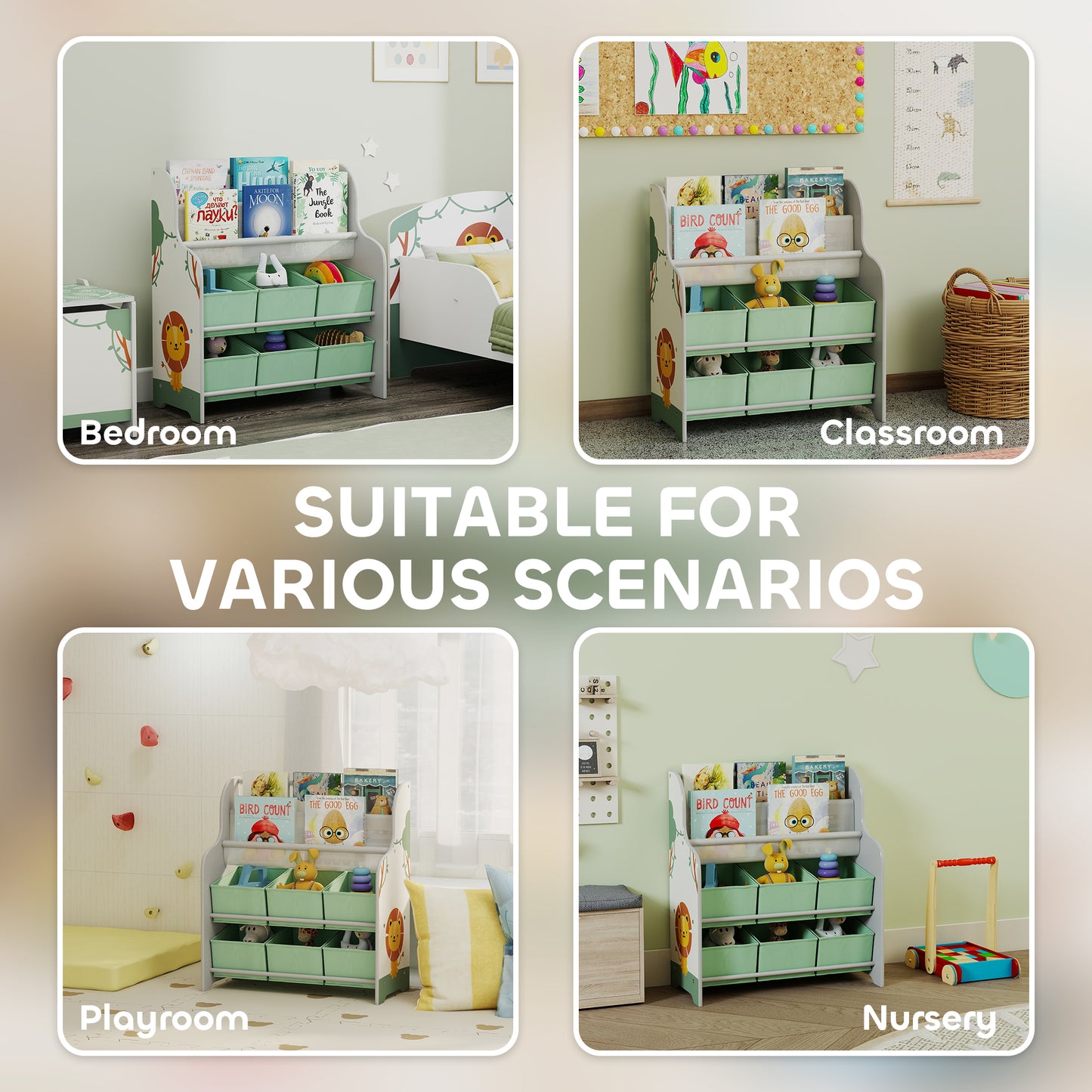 AIYAPLAY Kids Toy Storage Unit With 6 Fabric Drawers And 2 Tier Sling Book Rack For Bedroom Playroom Nursery Green