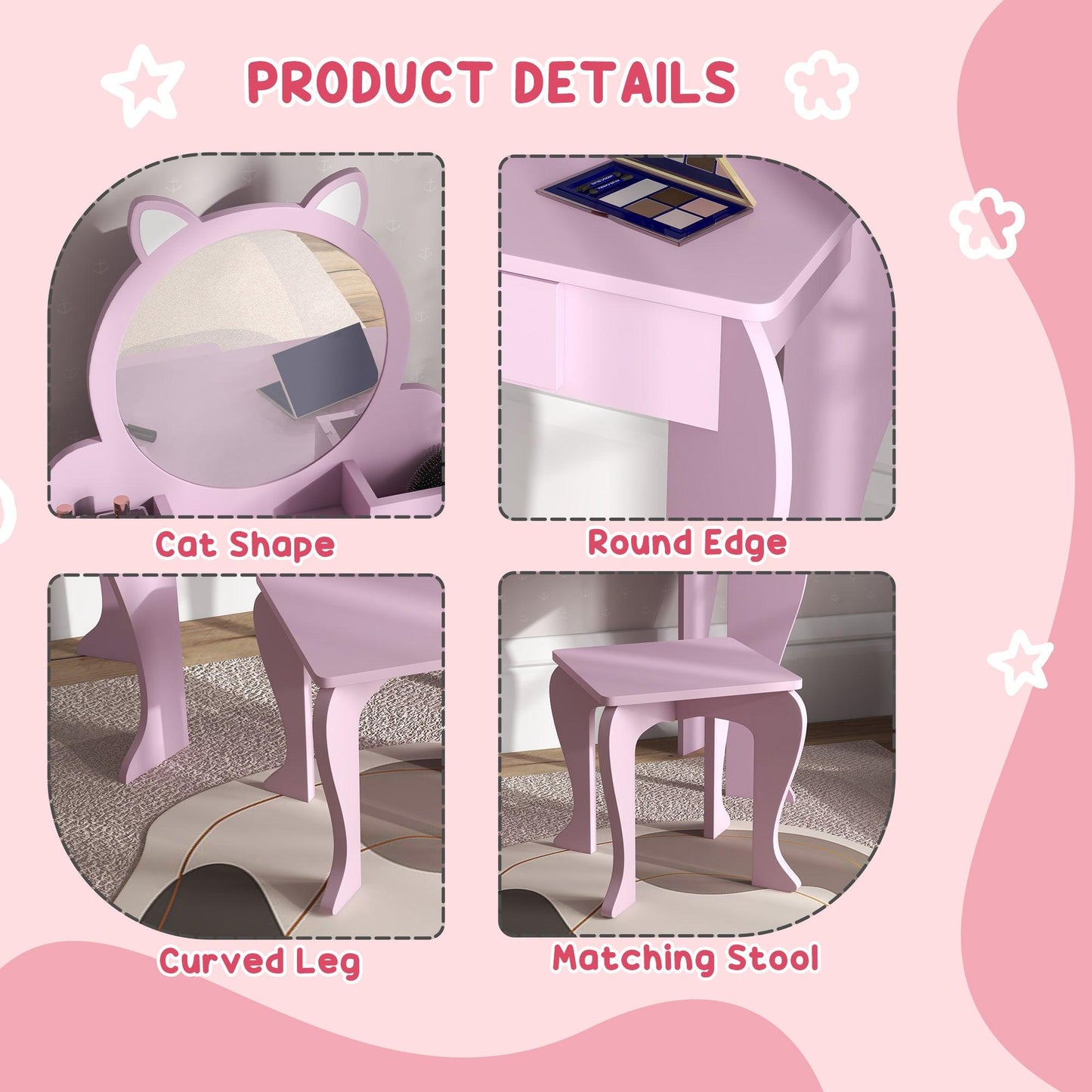 ZONEKIZ Kids Vanity Table with Mirror and Stool, Cat Design, Drawer, Storage Boxes, for 3-6 Years Old - Pink - ALL4U RETAILER LTD