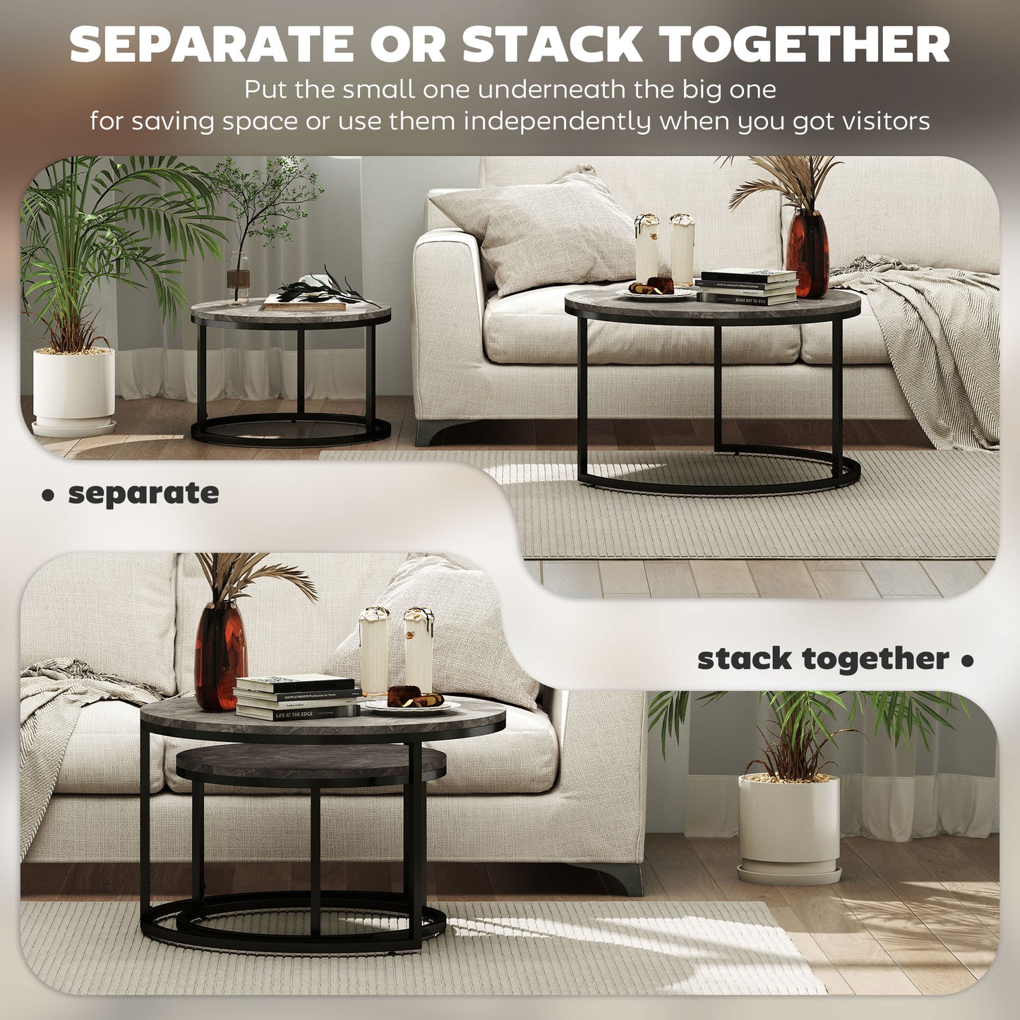 HOMCOM Industrial Nesting Round Coffee Tables Set 2 With Faux Marbled Top And Steel Frame