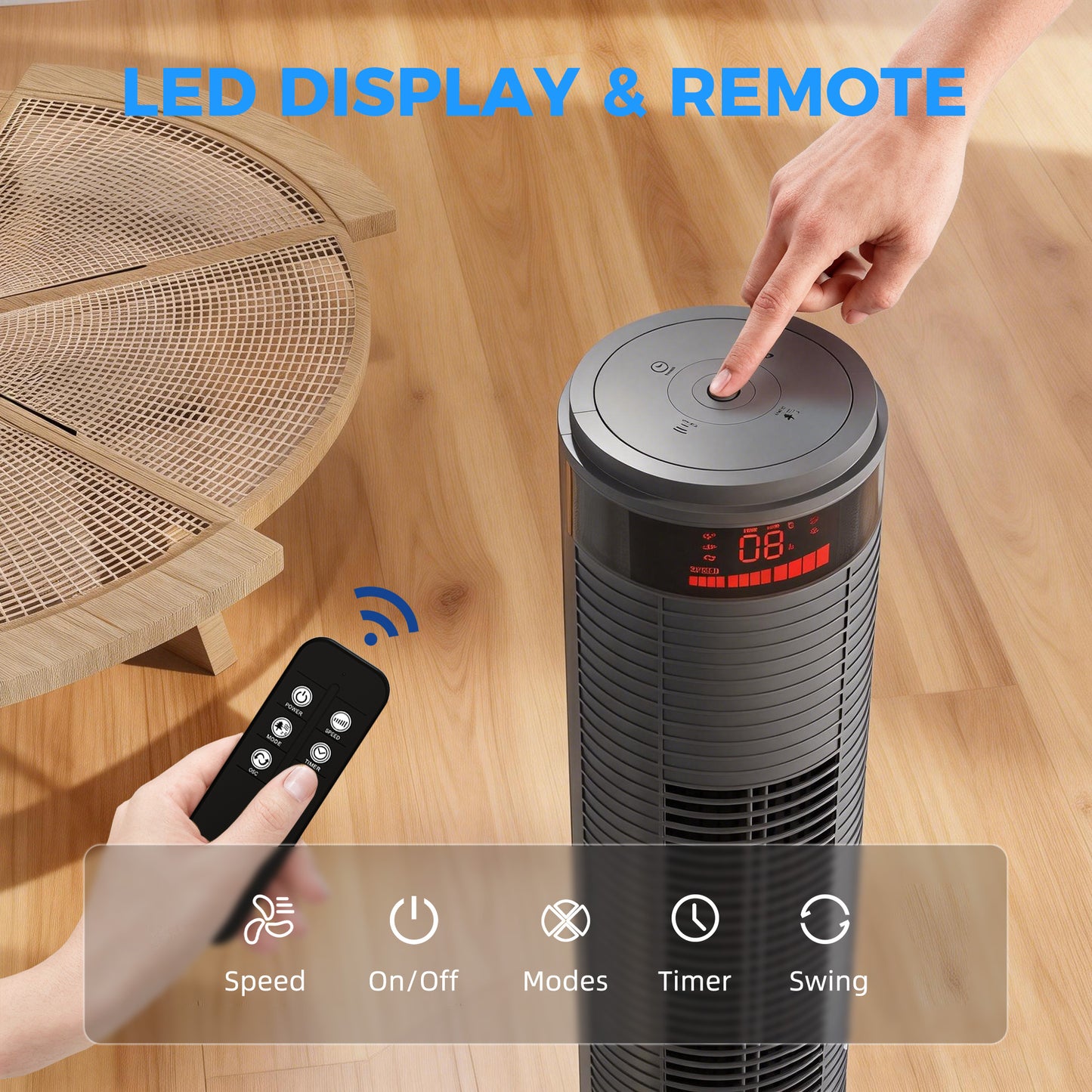 HOMCOM Oscillating Tower Fan With Remote Control LCD Screen 3 Speed 4 Wind Modes Grey