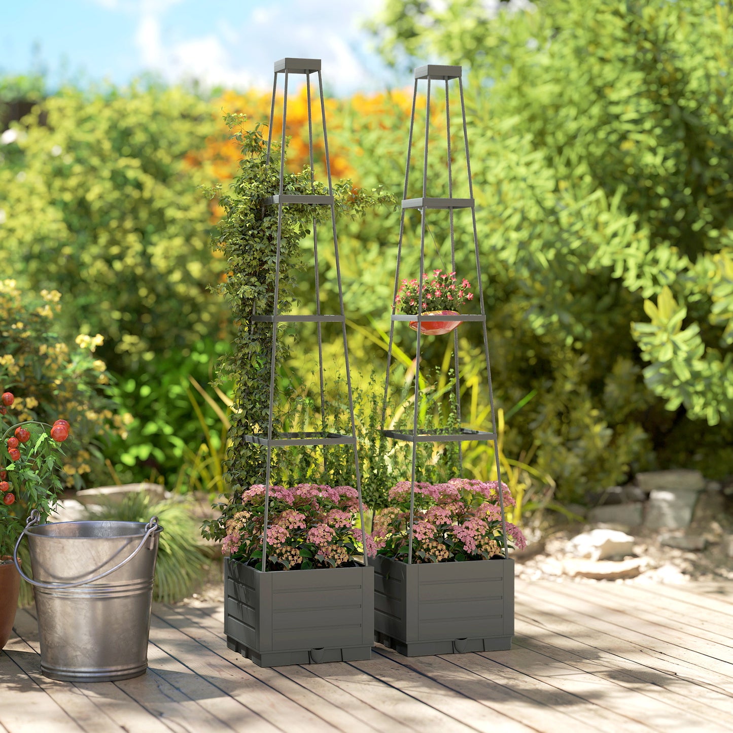 Outsunny Two Pack Raised Garden Bed With Trellis Plastic Outdoor Planter Box Removable Drainage Tray