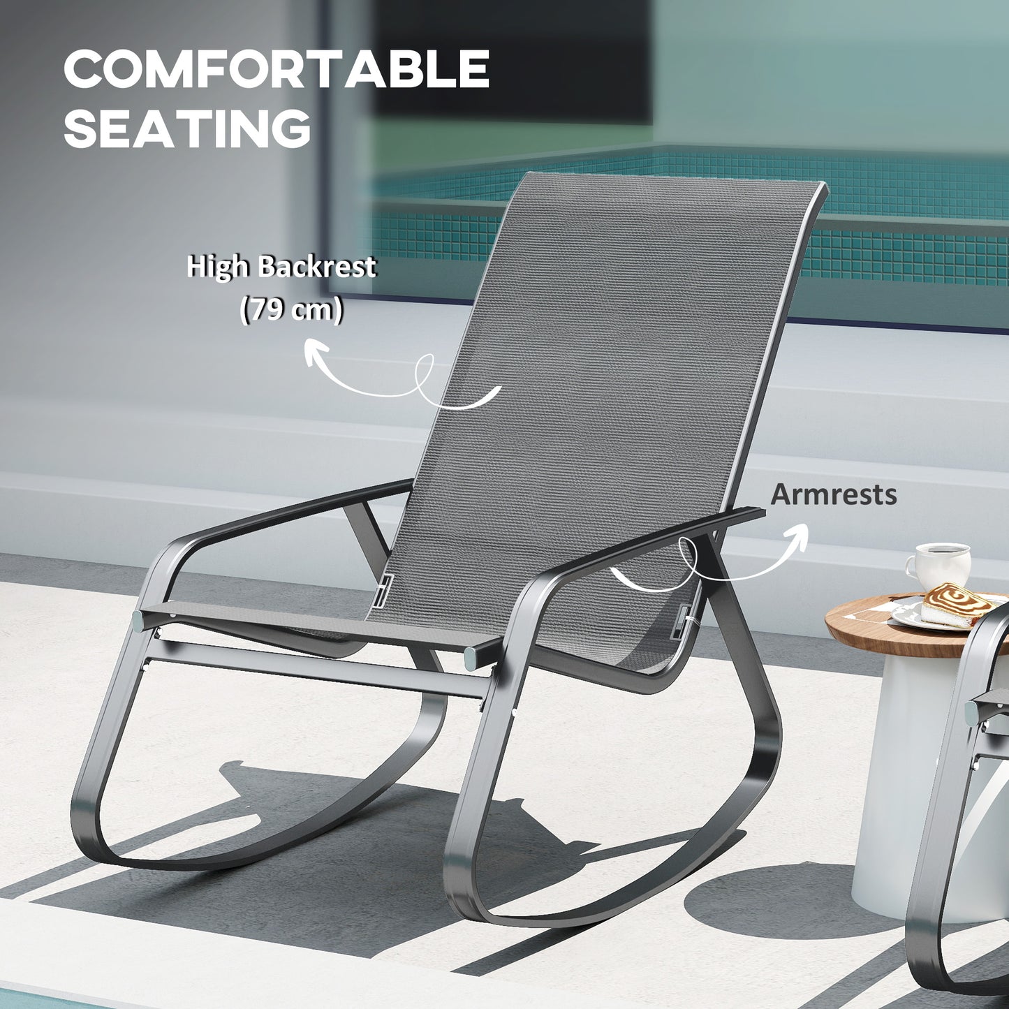 Outsunny Grey Rocking Garden Chair With Texteline Seat 110 To 150 Degree Motion