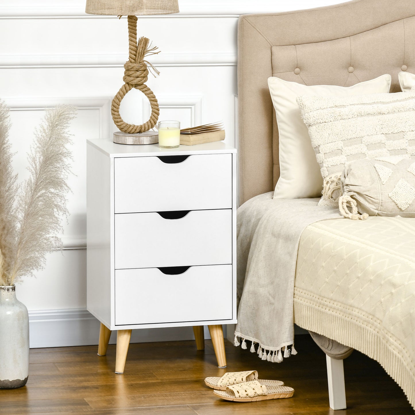 HOMCOM Set of 2 Bedside Tables Modern Nightstands With 3 Drawers and Solid Pine Wood Legs White
