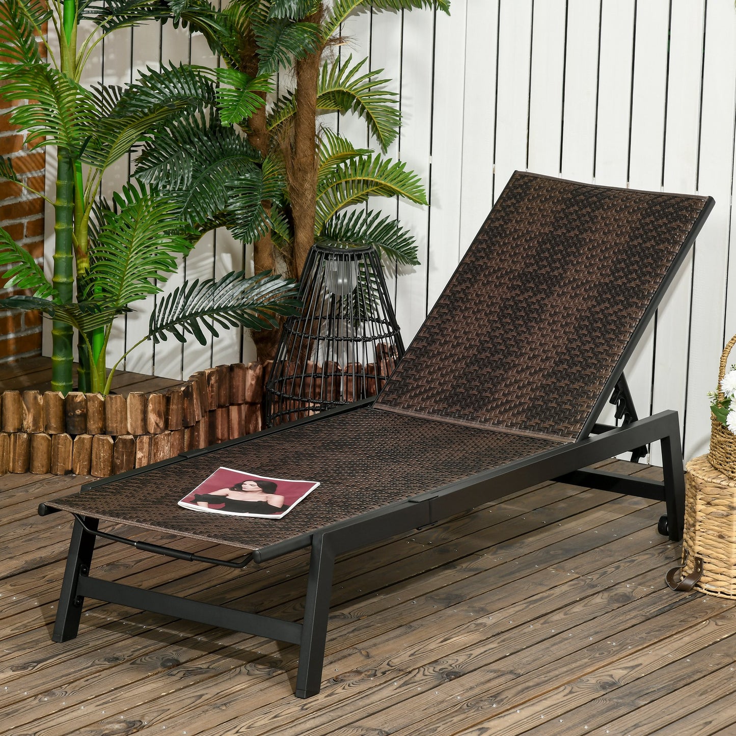 Outsunny Adjustable PE Rattan Chaise Lounge Chair with Wheels for Outdoor Relaxation, Brown - ALL4U RETAILER LTD