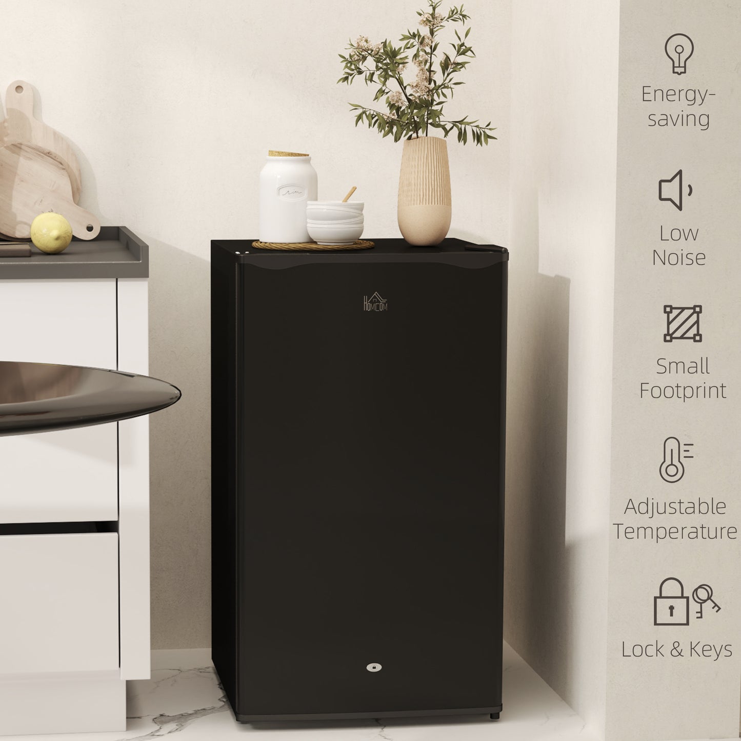 HOMCOM 91L Freestanding Under Counter Fridge With Lock Black For Small Kitchens And Home Offices