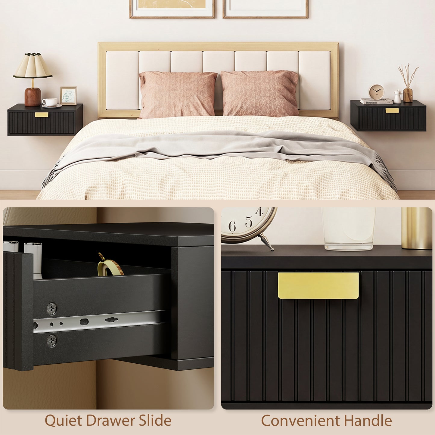 HOMCOM Modern Floating Nightstands Set Of 2 Wall Mounted Bedside Tables With Wave Drawer Black