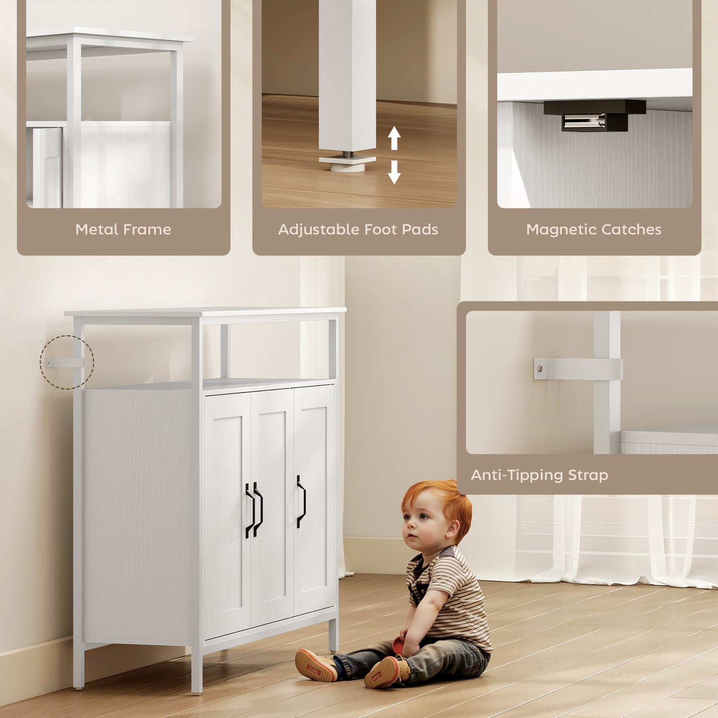 HOMCOM Industrial Kitchen Sideboard With Open Shelf And Two Cabinets, Adjustable Shelves Living Room Dining Room White