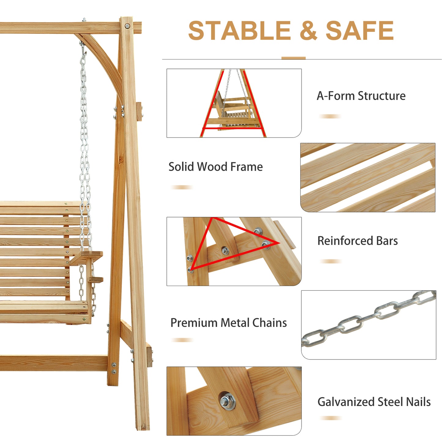 Outsunny 2 Seater Garden Swing Seat Wooden Swing Chair Bench With Cup Holders For Outdoor Porch Patio Natural Finish