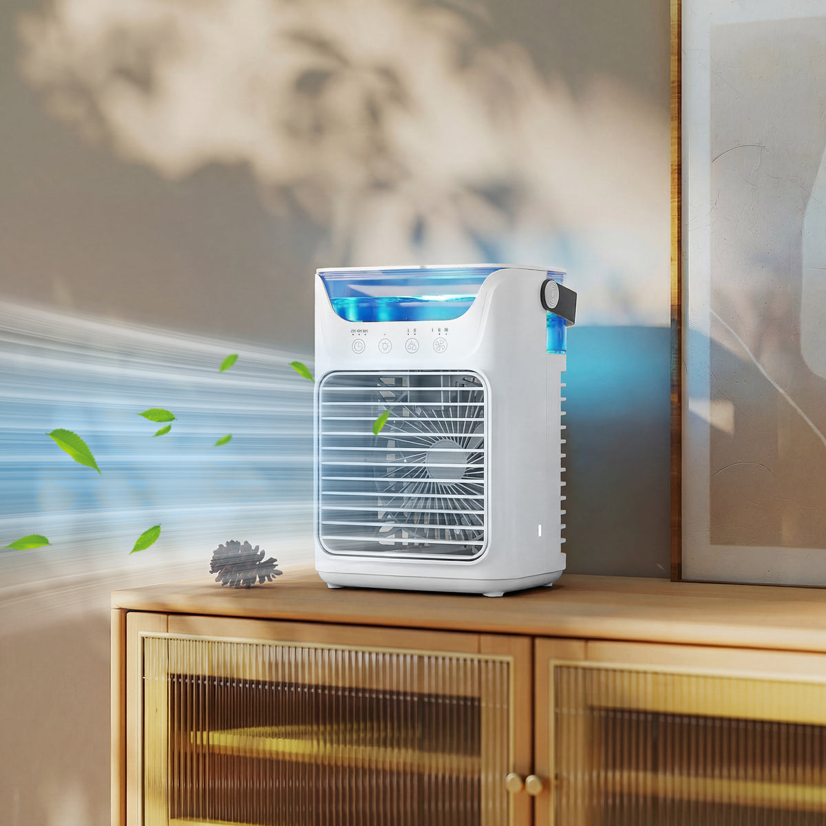 White portable air cooler with front grille and blue-lit top, adjustable side handle