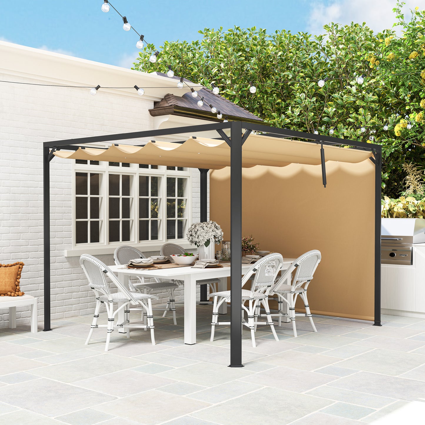 Outsunny 3 x 3m Aluminium Pergola With Retractable Roof And Side Panel Khaki Outdoor Shelter For Garden