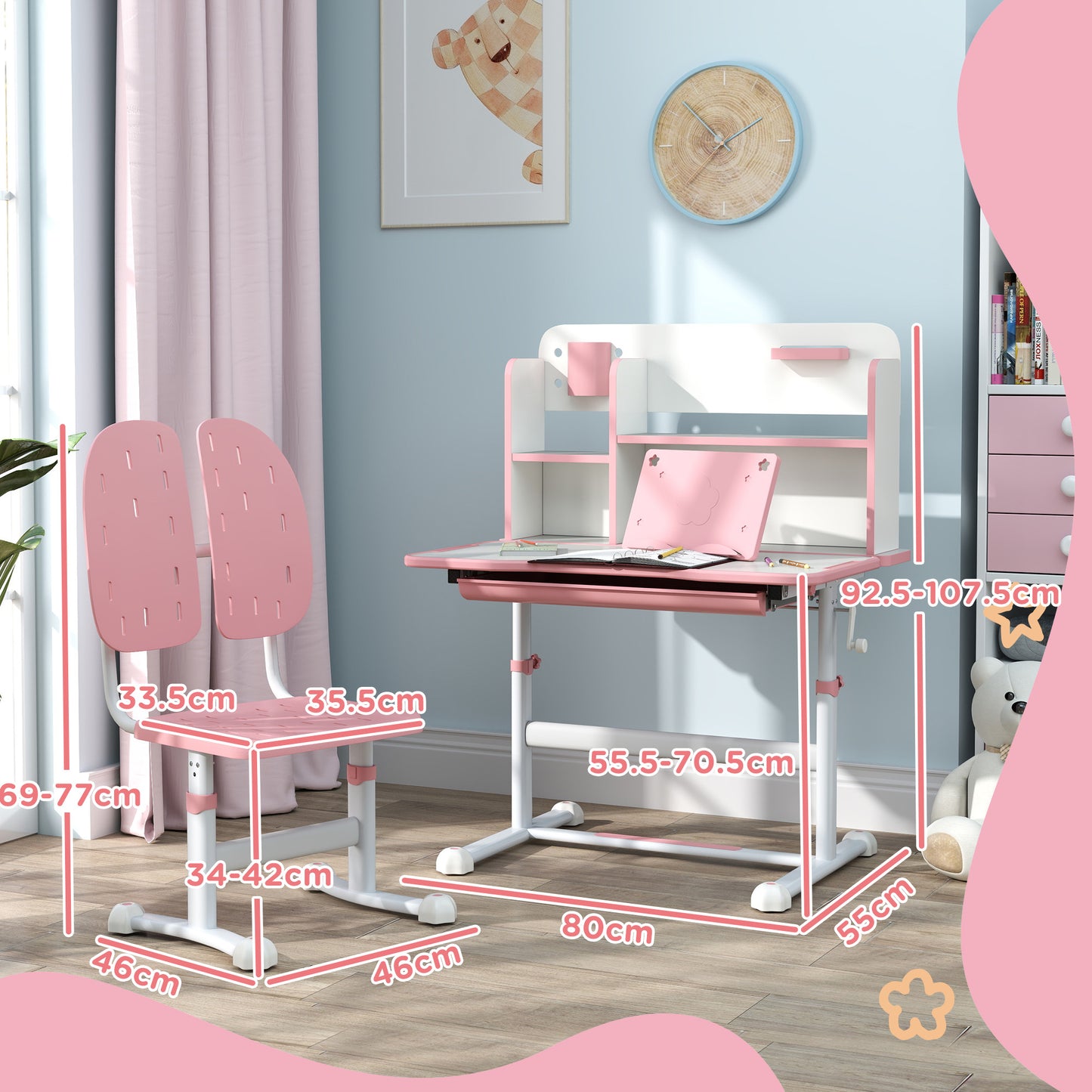 Adjustable Pink Children's Study Desk and Chair Set with Tiltable Top and Reading Rack