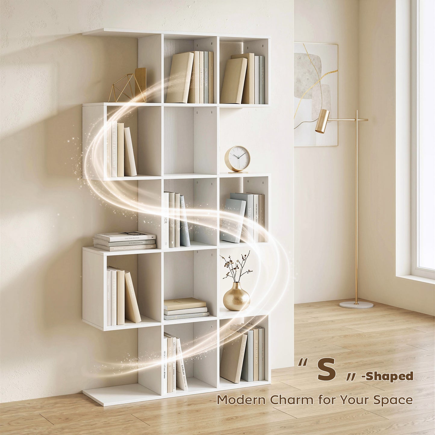 HOMCOM 5 Tier S Shaped Geometric Bookcase With 15 Compartments White Wood Effect Bookshelf