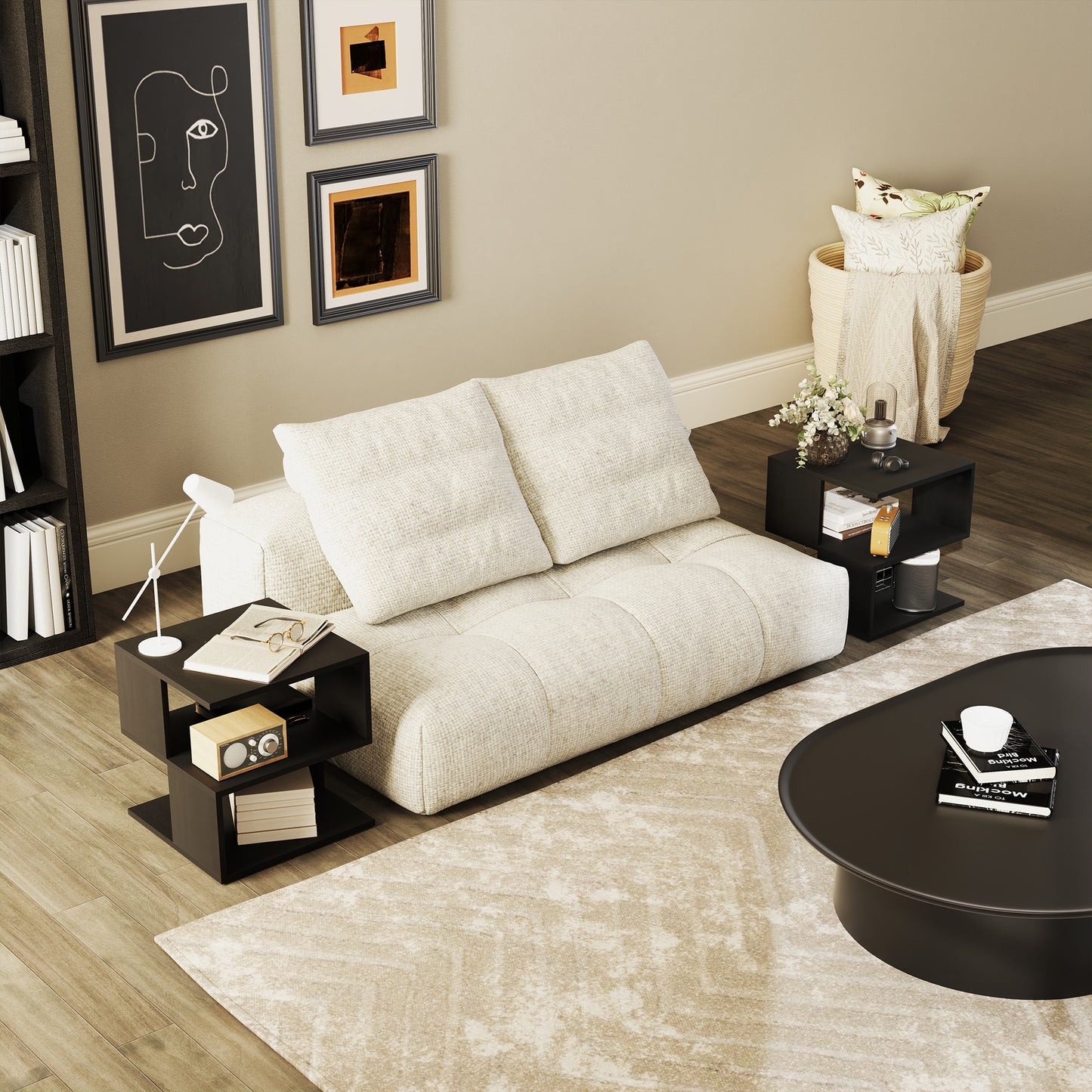 HOMCOM Set Of 2 Square Side Tables Modern End Tables With 2 Tier Storage Shelves Black
