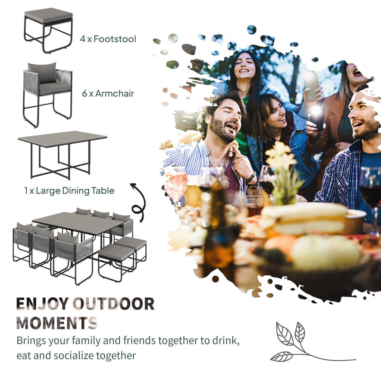Outsunny 10 Seater Rattan Cube Garden Furniture Set With Cushions 6 Armchairs 4 Stools Wood Grain Table Grey