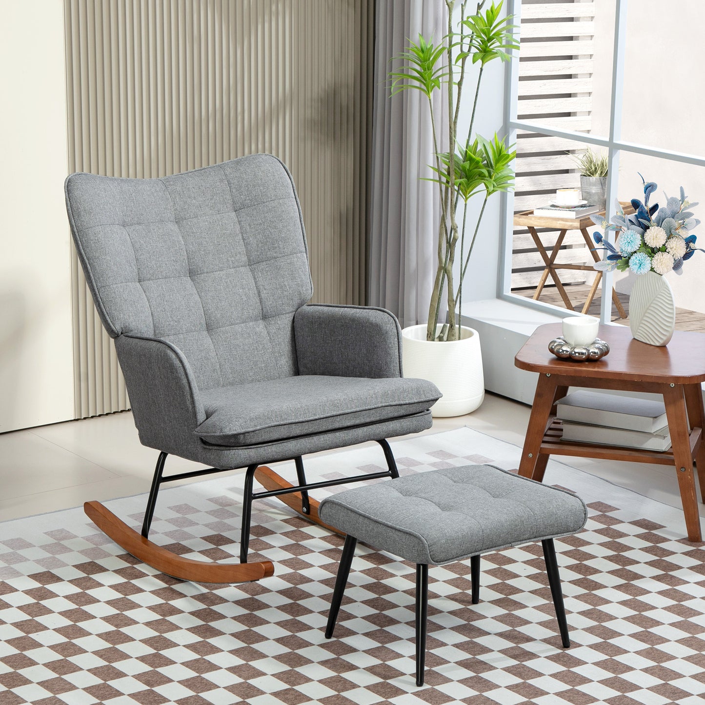 HOMCOM Linen Look Rocking Chair And Ottoman Set Grey With Padded Upholstery And Wooden Rocking Base