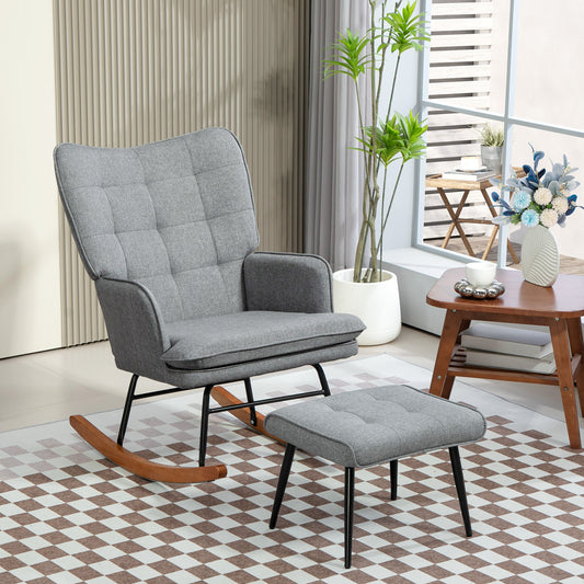 HOMCOM Linen Look Rocking Chair And Ottoman Set Grey With Padded Upholstery And Wooden Rocking Base