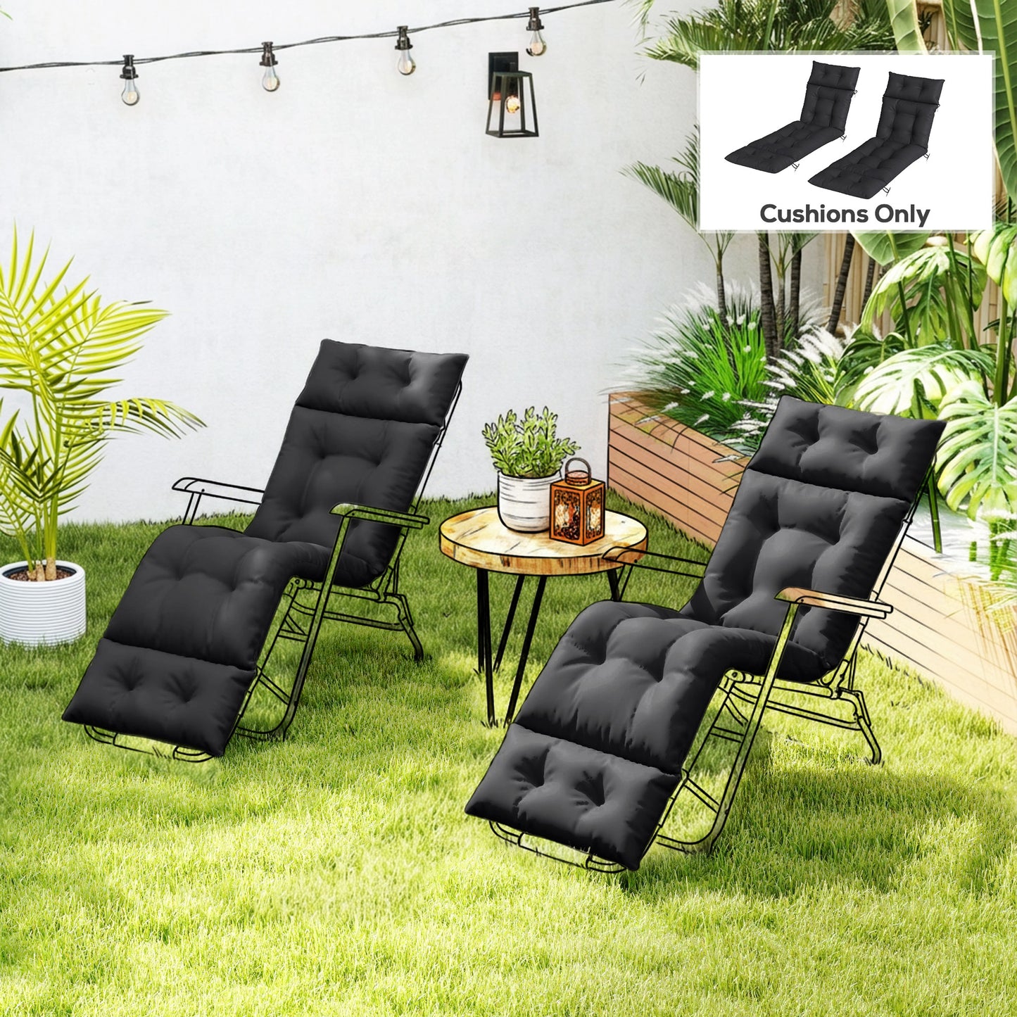 Outsunny Set Of Two 190 X 56 Cm Sun Lounger Cushions In Black With Six Tie Fasteners
