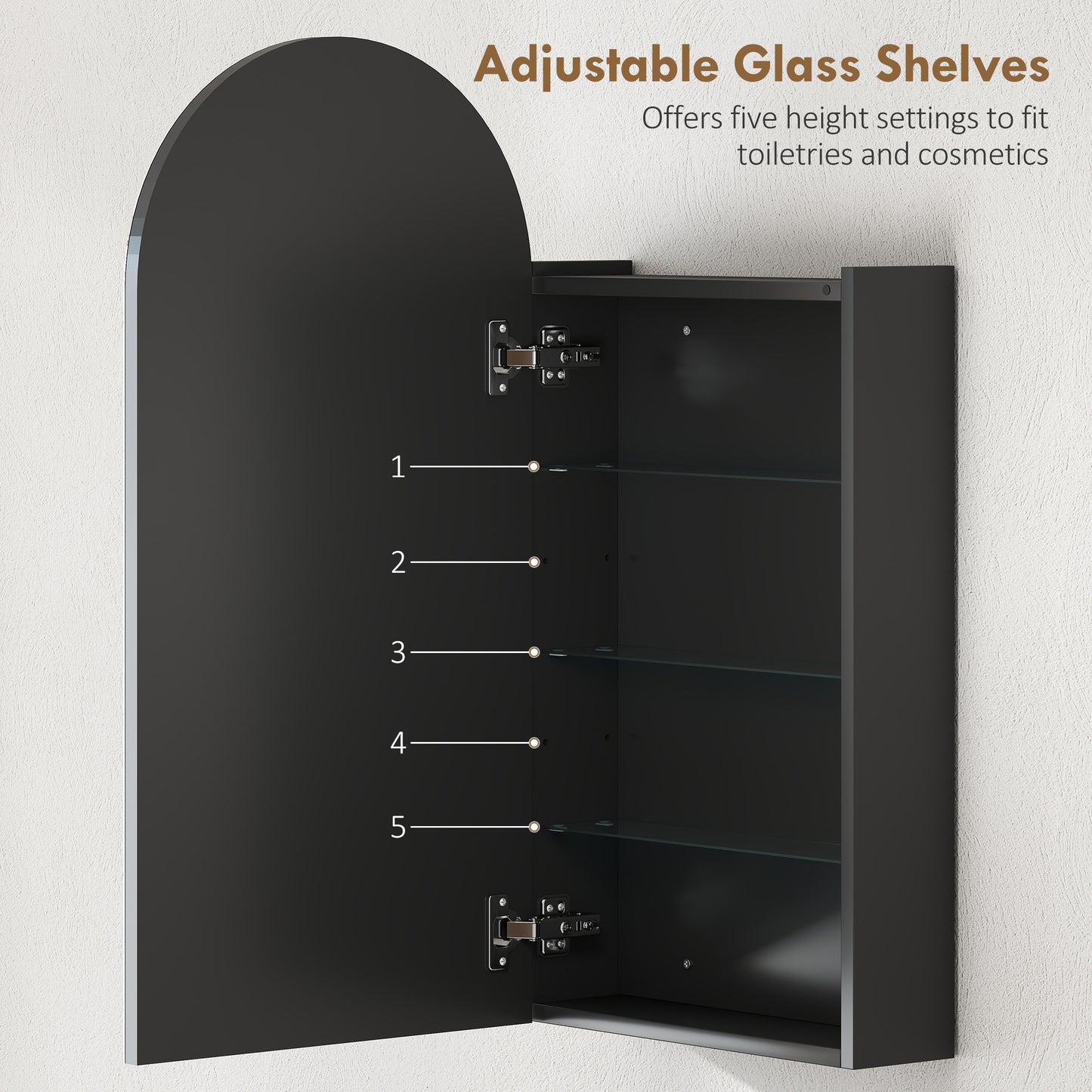 HOMCOM Arched Bathroom Mirror Cabinet With Adjustable Glass Shelves Black Finish