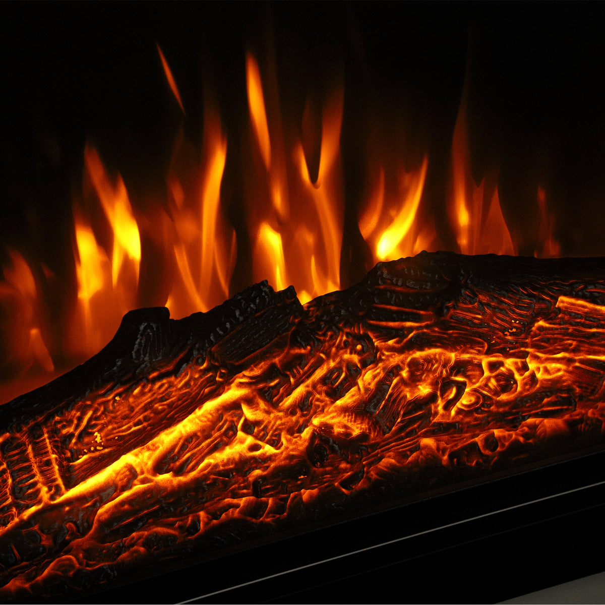 Detailed view of electric fireplace logs with vivid orange flames