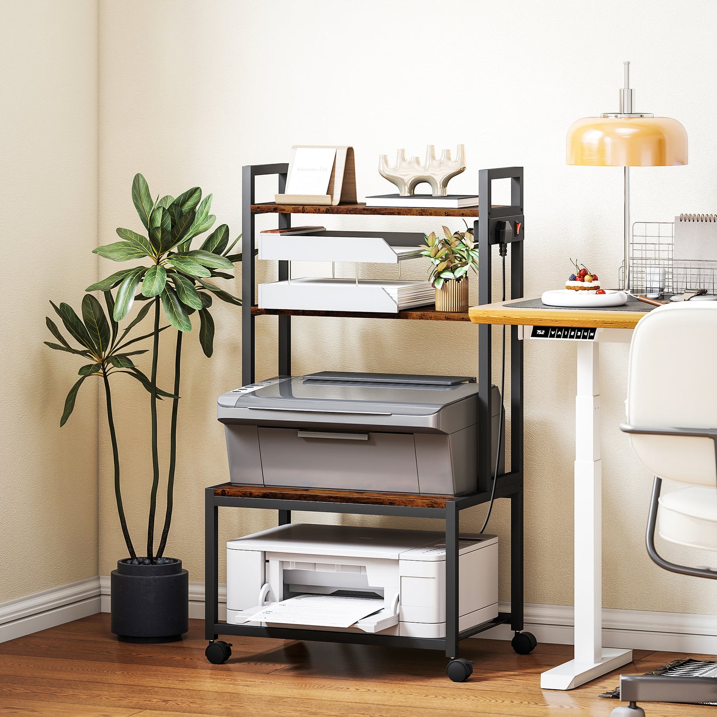 HOMCOM Four Tier Printer Stand With Power Outlets And Wheels Rustic Brown Storage Cart