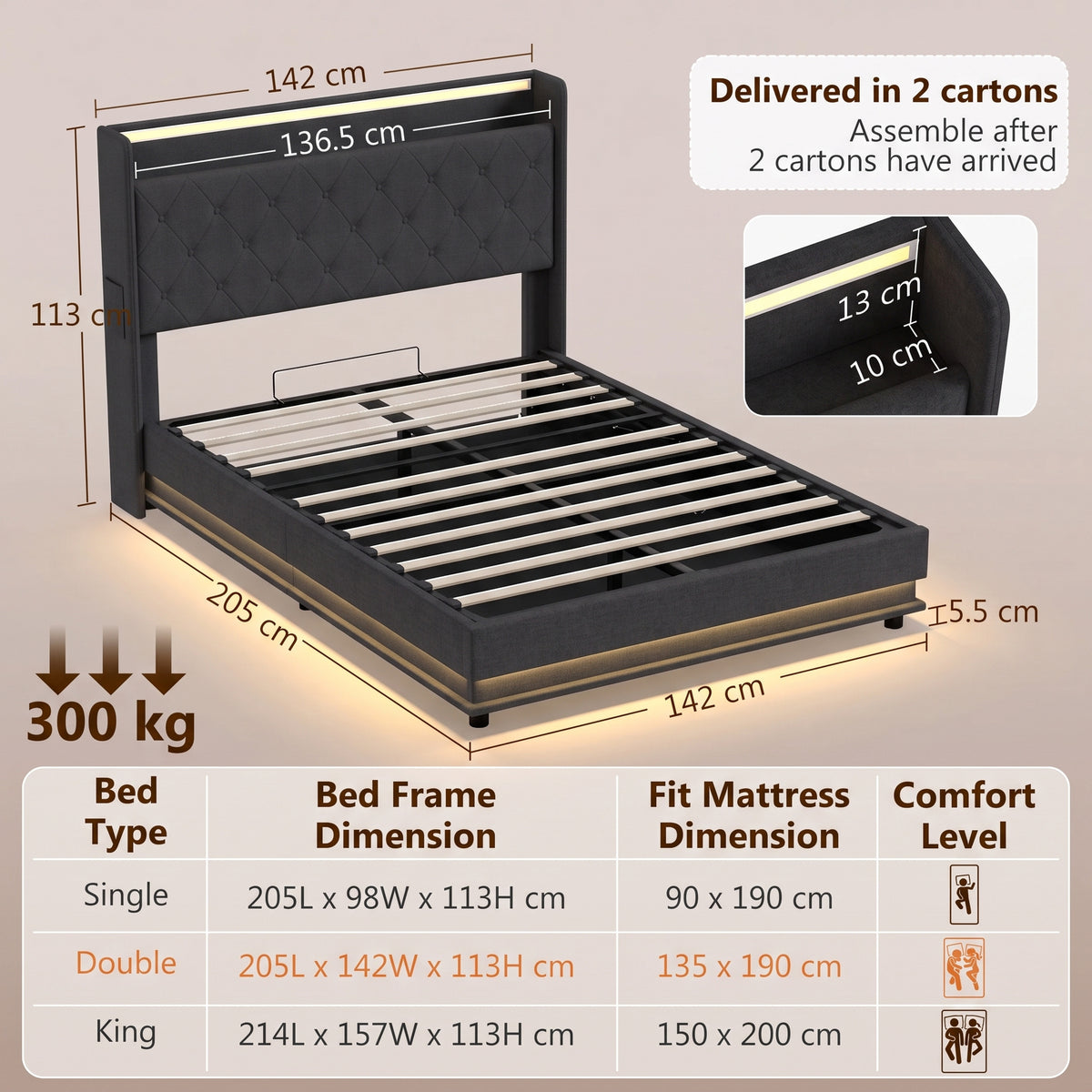 Homcom Double Bed Frame With Hydraulic Storage Led Lights Usb Charging Black