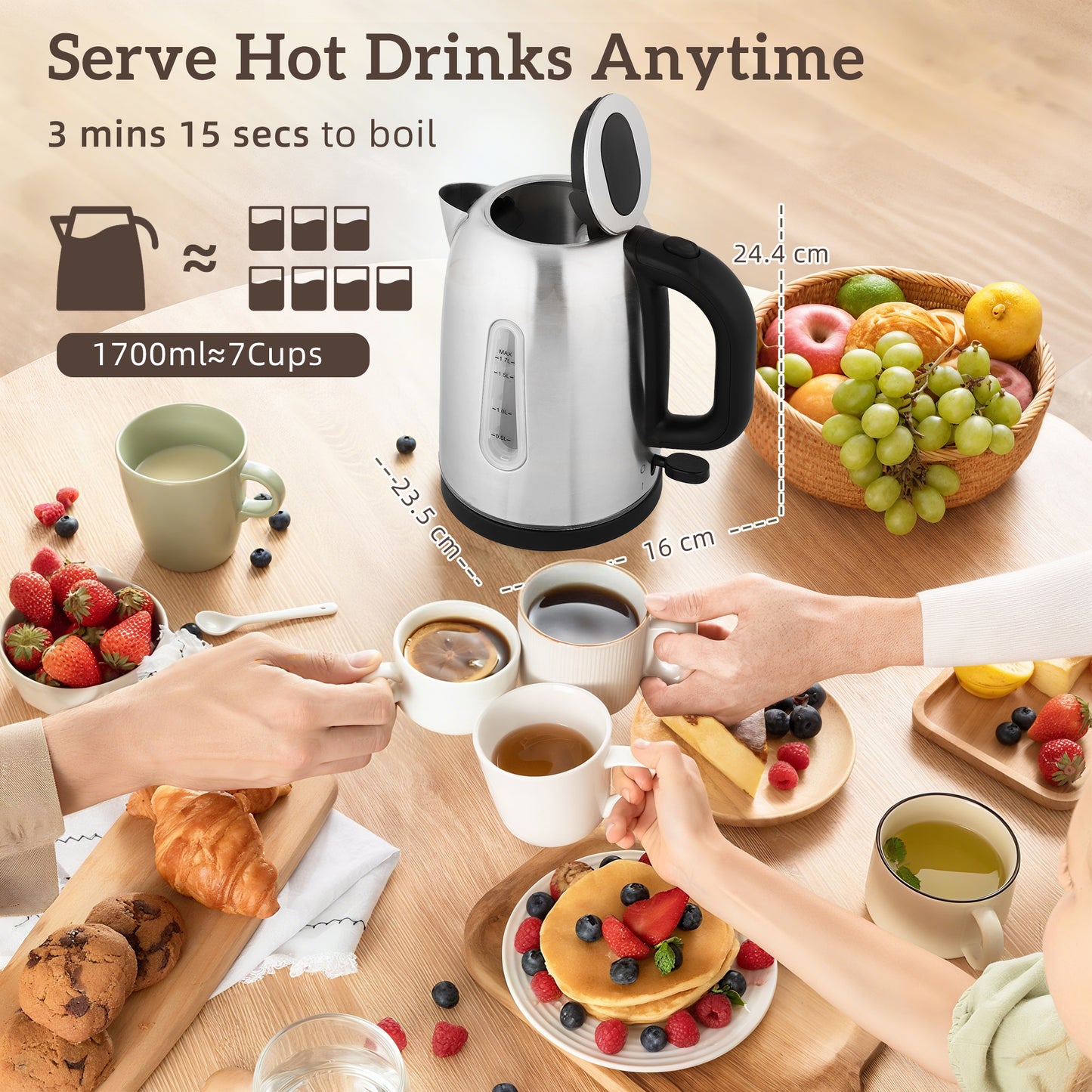 HOMCOM Kettle And Toaster Set 1.7L 3000W Rapid Boil Kettle With Limescale Filter 7 Browning Controls LED Strip Silver