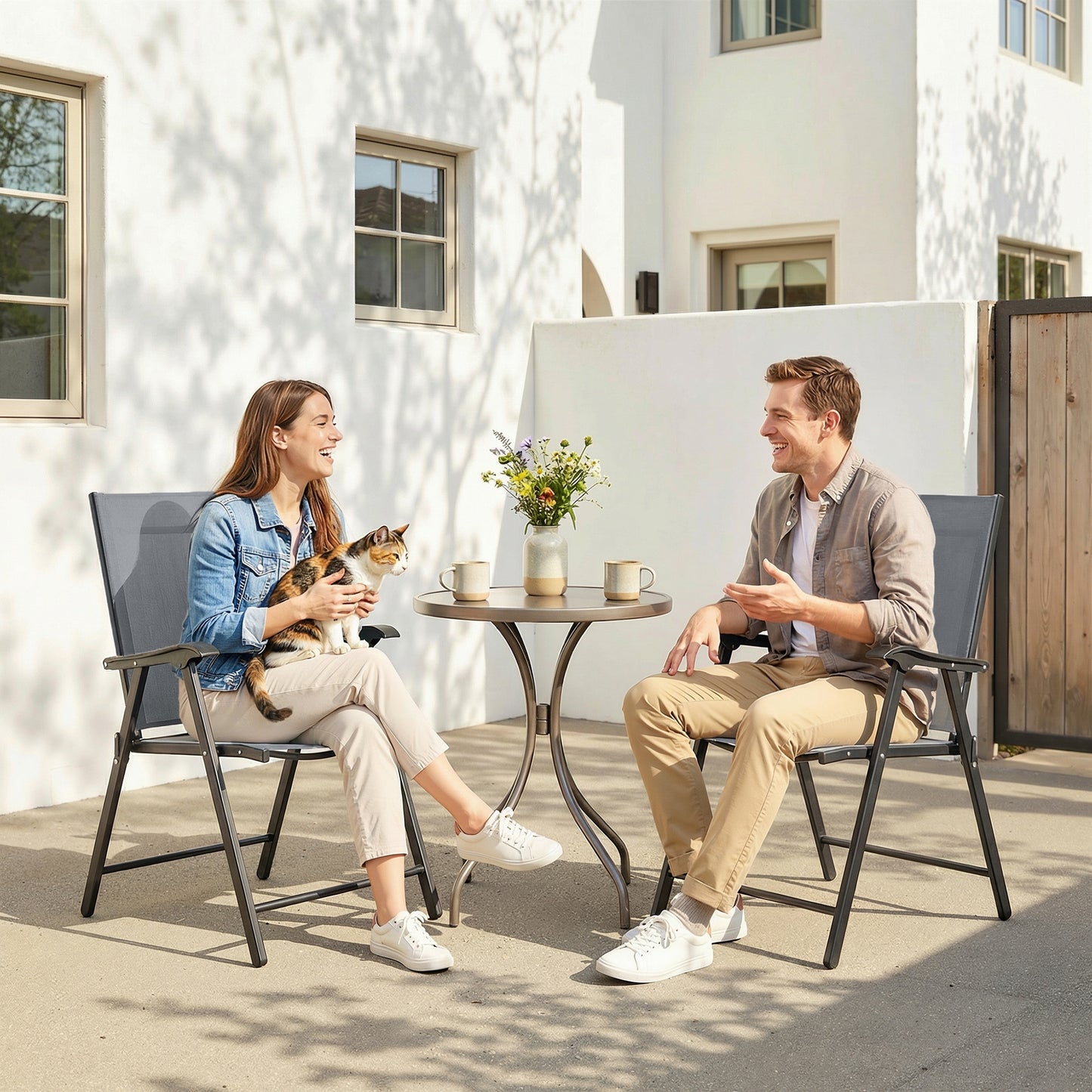 Outsunny Folding Garden Chairs Set Of 2 Foldable Dining Chairs With High Back Armrests Texteline Seat Light Grey