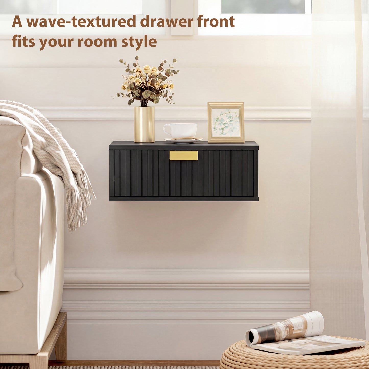 HOMCOM Modern Floating Nightstands Set Of 2 Wall Mounted Bedside Tables With Wave Drawer Black