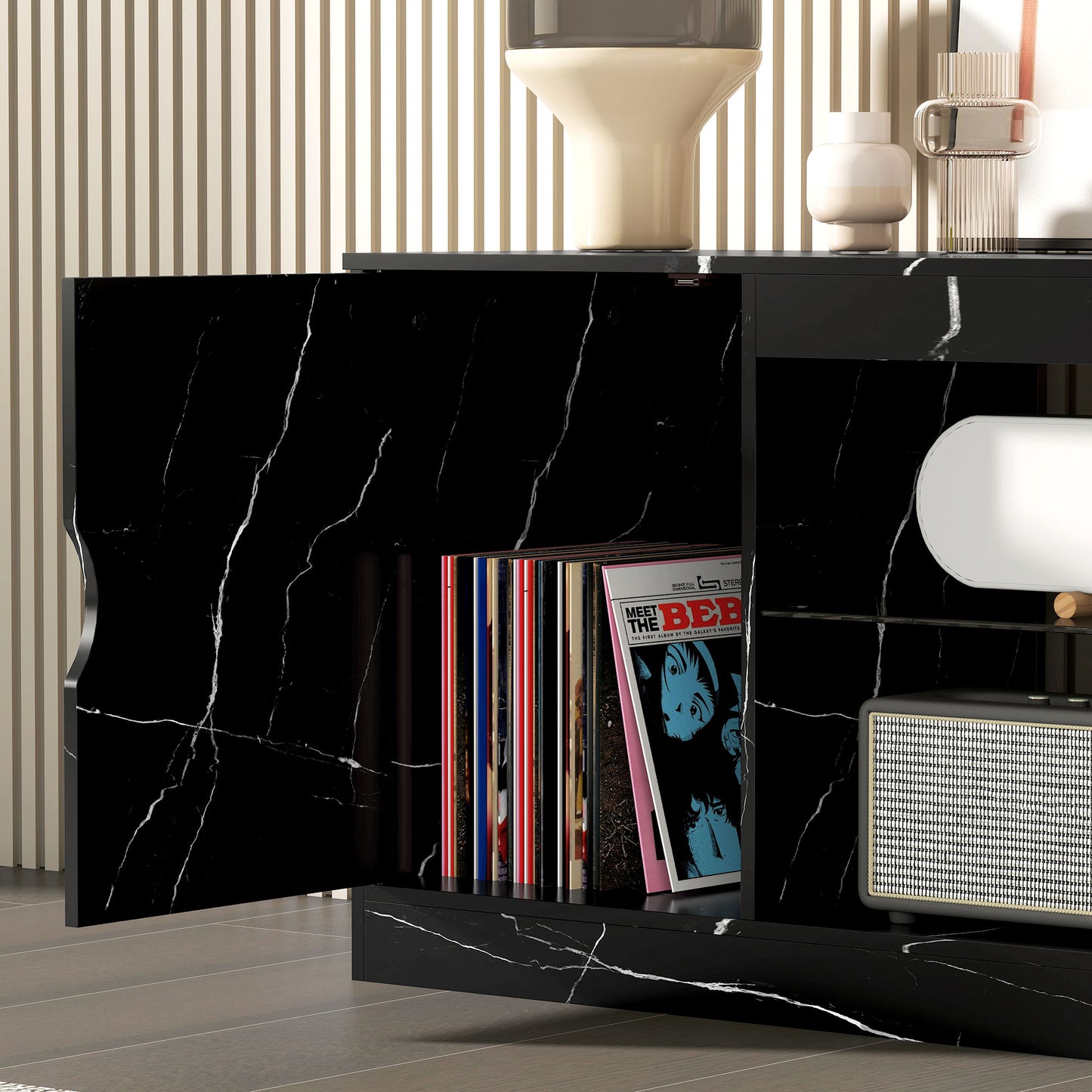 HOMCOM TV Stand Cabinet Black Marble Effect With Glass Shelf Storage Cabinet Entertainment Unit Up To 55 Inch TVs