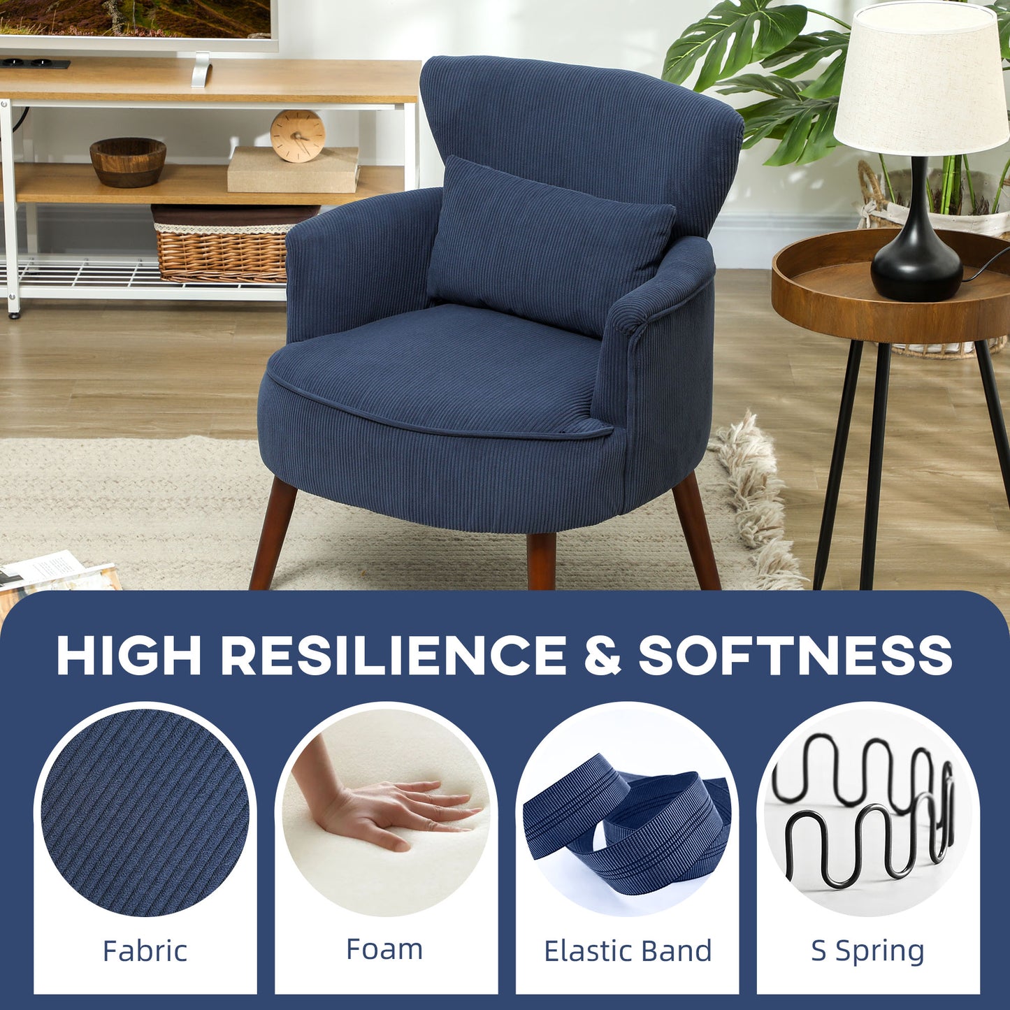 HOMCOM Corduroy Retro Accent Chair Blue Wing Back Armchair for Small Spaces with Comfortable Foam Padding