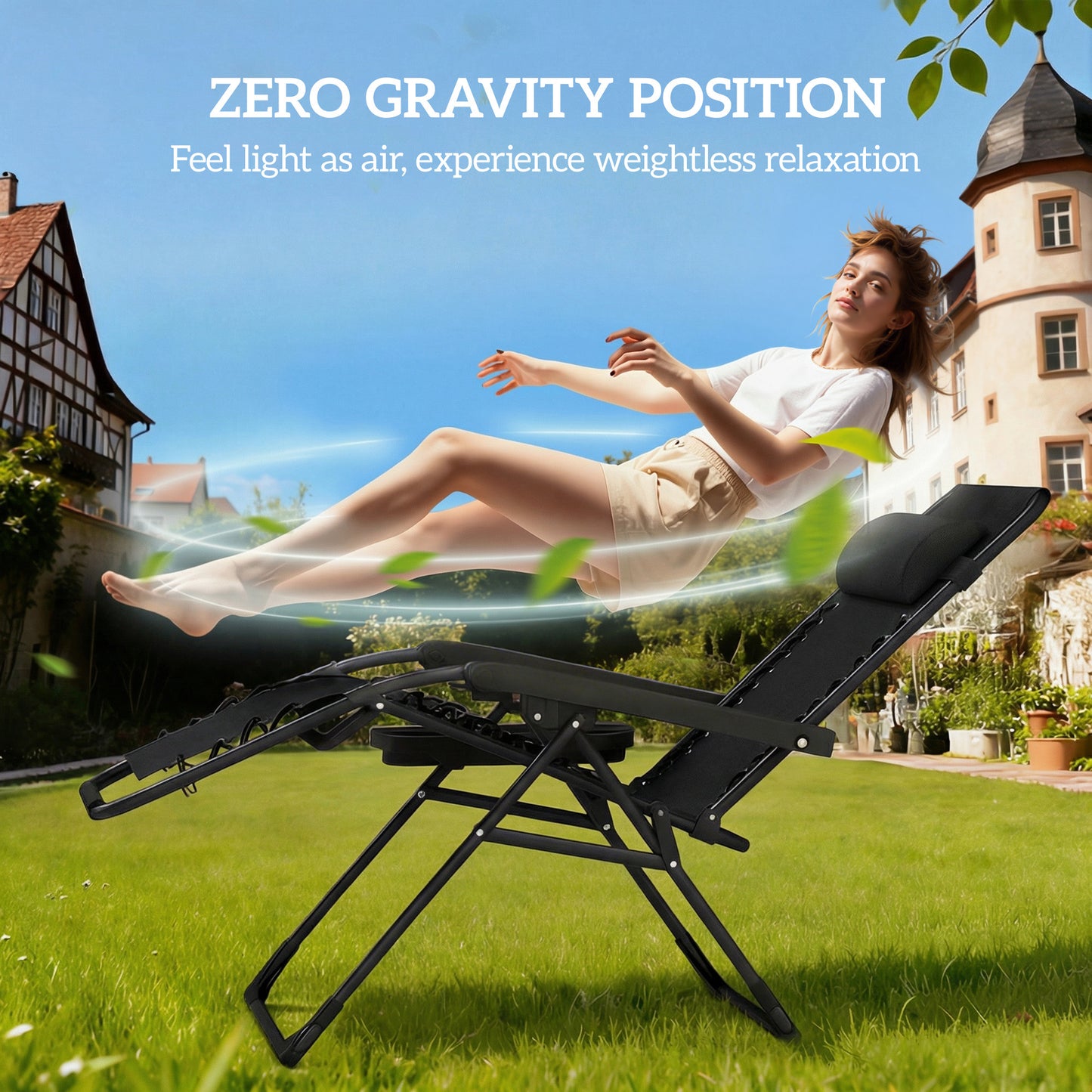 Outsunny Zero Gravity Chairs Set of 2 Folding Sunloungers Reclining Garden Chairs with Cup Holder and Headrest Black