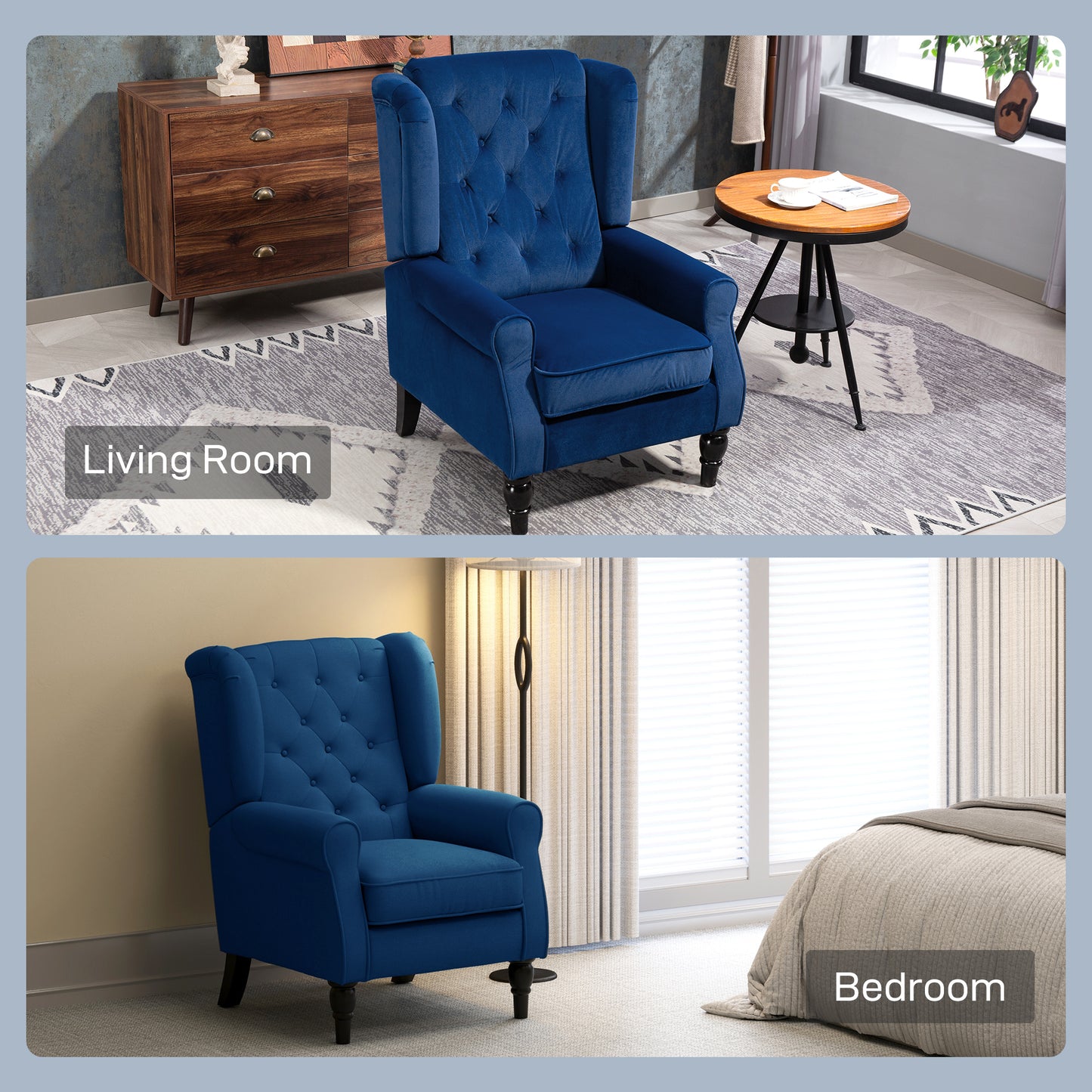 HOMCOM Wingback Accent Chair Retro Upholstered Button Tufted Occasional Chair For Living Room And Bedroom Blue
