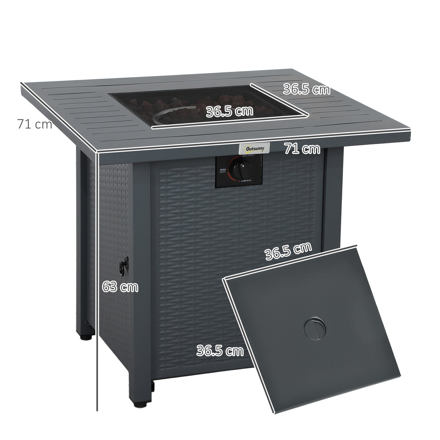 Outsunny Rattan Style Propane Gas Fire Pit Table 40000 BTU Smokeless Square Patio Heater with Thermocouple Lava Rocks